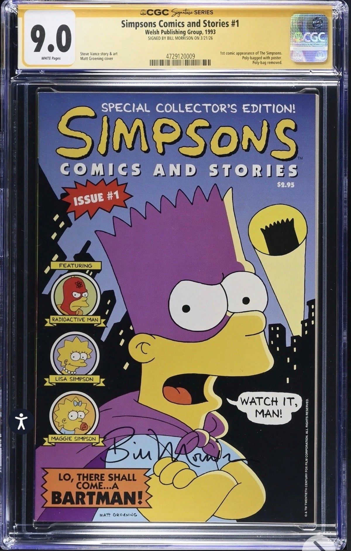 Simpsons Comics And Stories #1 CGC SS 9.0 Signed by Bill Morrison (Welsh, 1993)