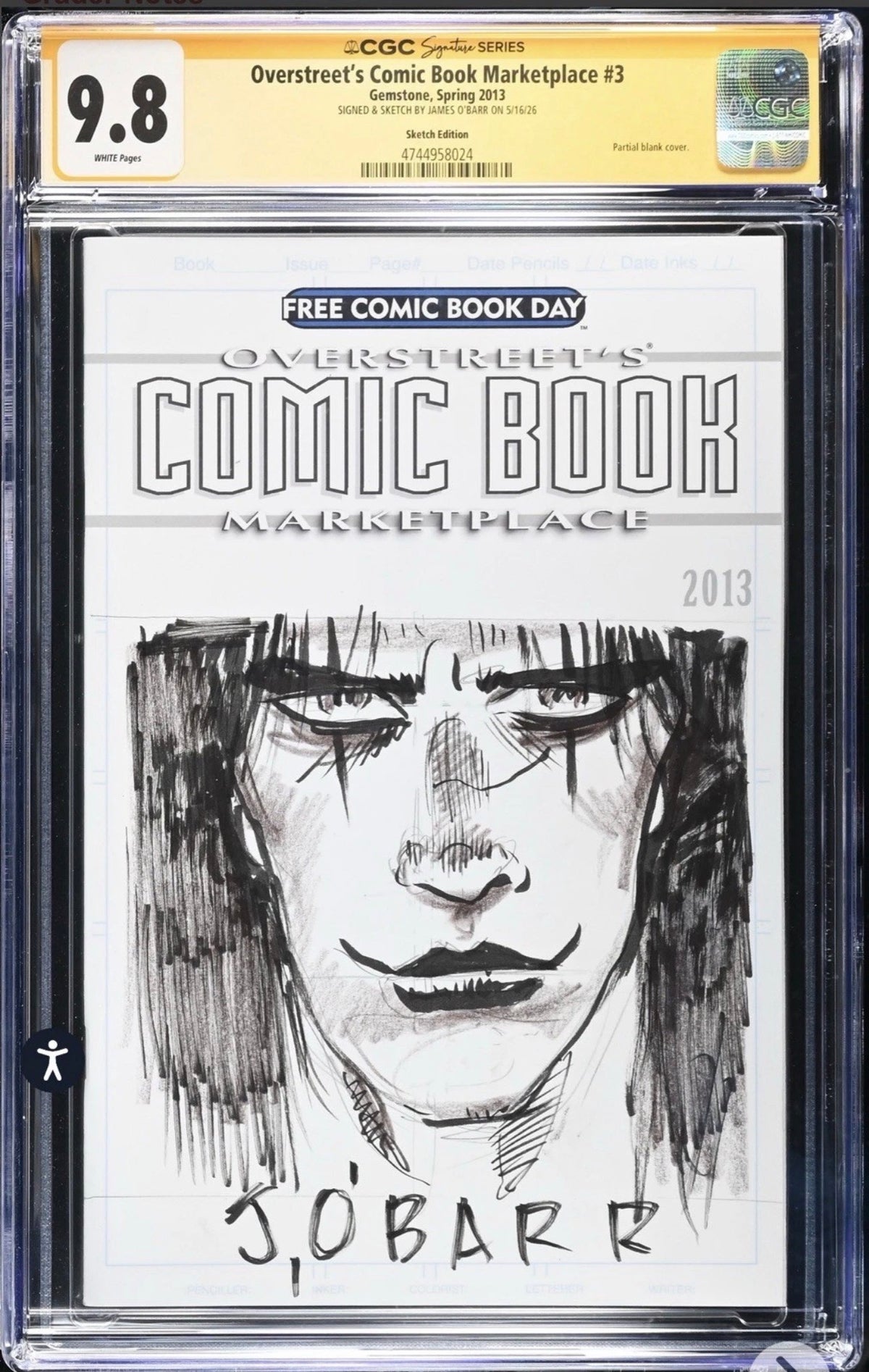 Overstreet #3 Sketch Cover CGC SS 9.8 Signed And Sketch Of Crow By James O’Barr