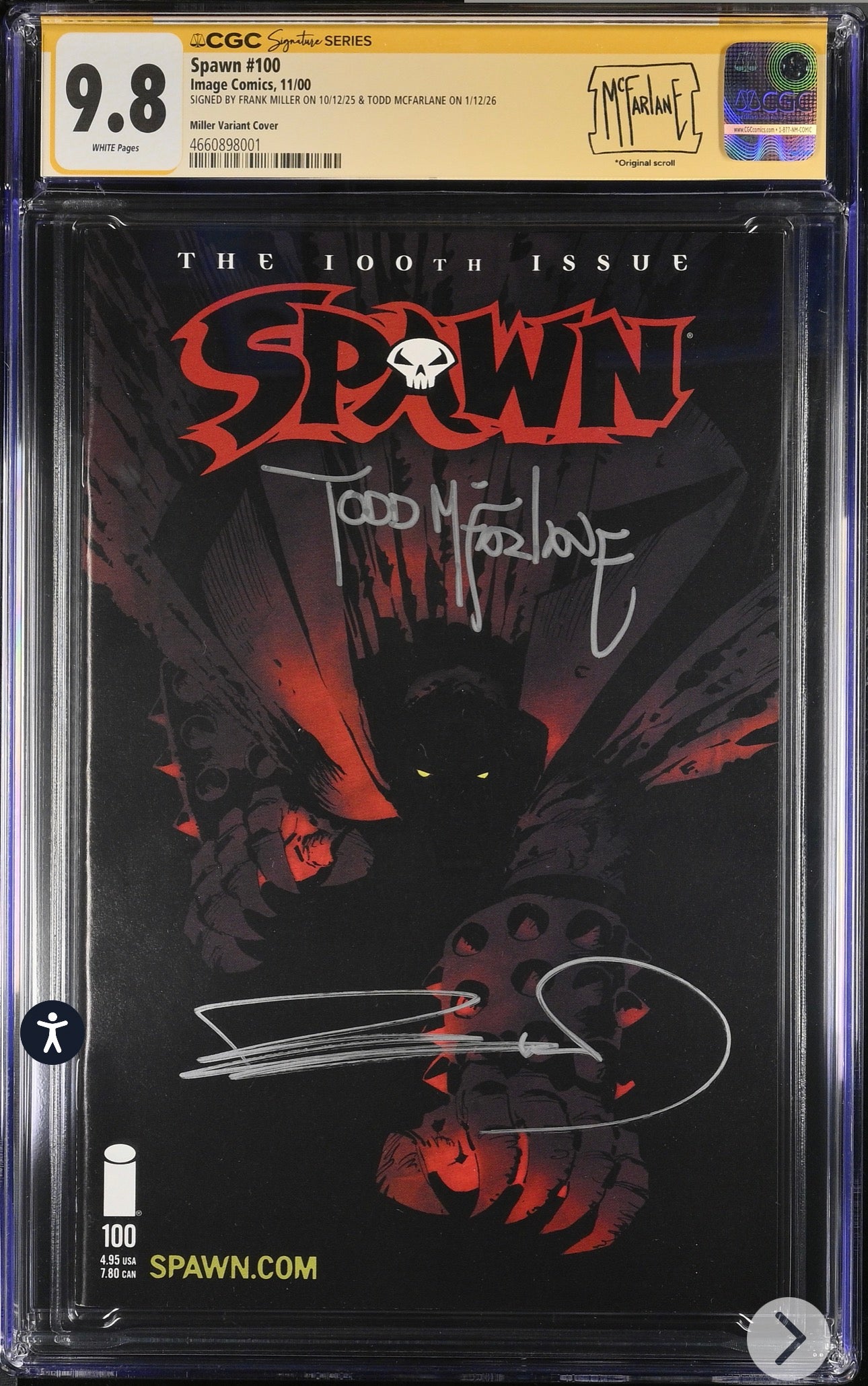 Spawn #100 CGC SS 9.8 (Image, 2000) Signed By Frank Miller & Todd McFarlane (Miller Variant)