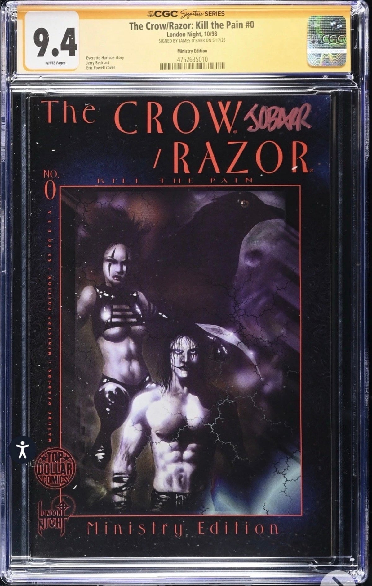 The Crow Razor Kill The Pain #0 CGC SS 9.4 Signed By James O’Barr (London Night, 1998)