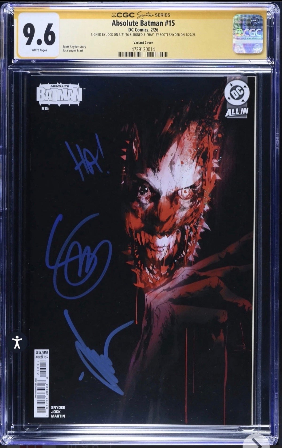 Absolute Batman #15 CGC SS 9.6 Signed & “Ha!” By Scott Snyder & Signed by Jock (DC, 2026 Variant)