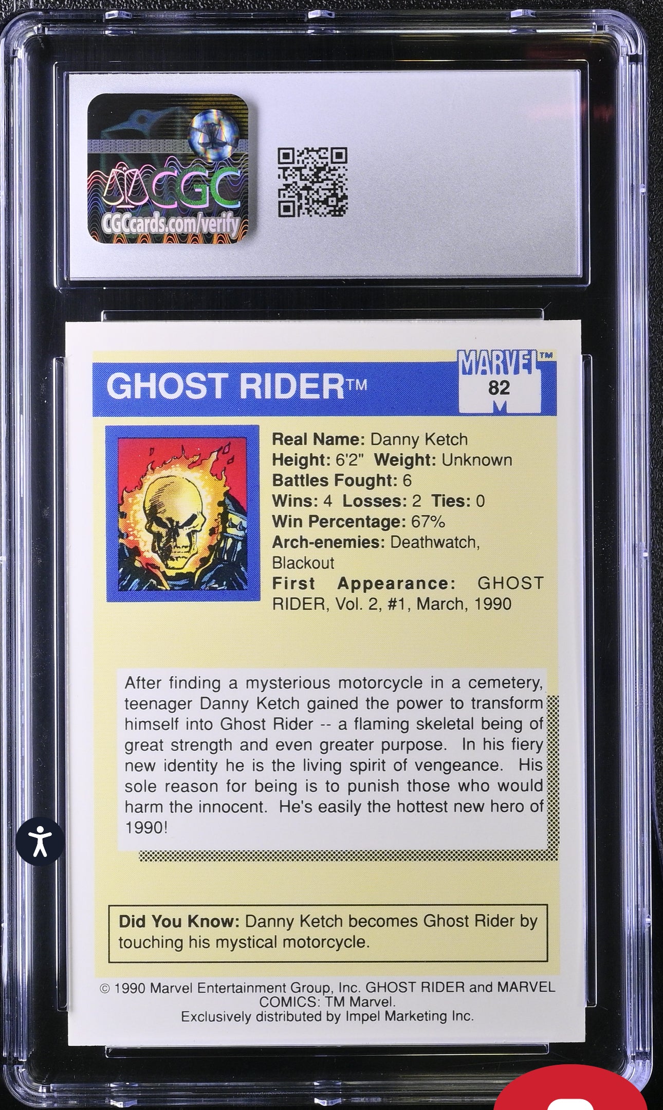 Ghost Rider CGC 9 (Mint) Marvel Universe Series I 1990 Impel #82 Rookies CGC Cards