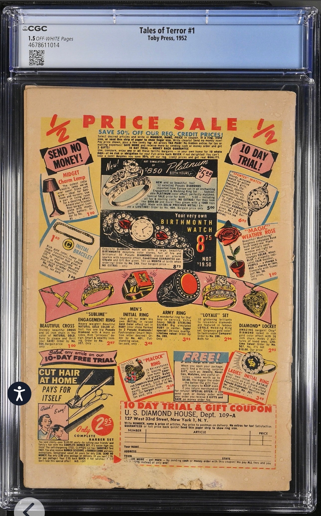 Tales of Terror #1 CGC 1.5 (Toby Press, 1952) Pre Code Golden Age Horror