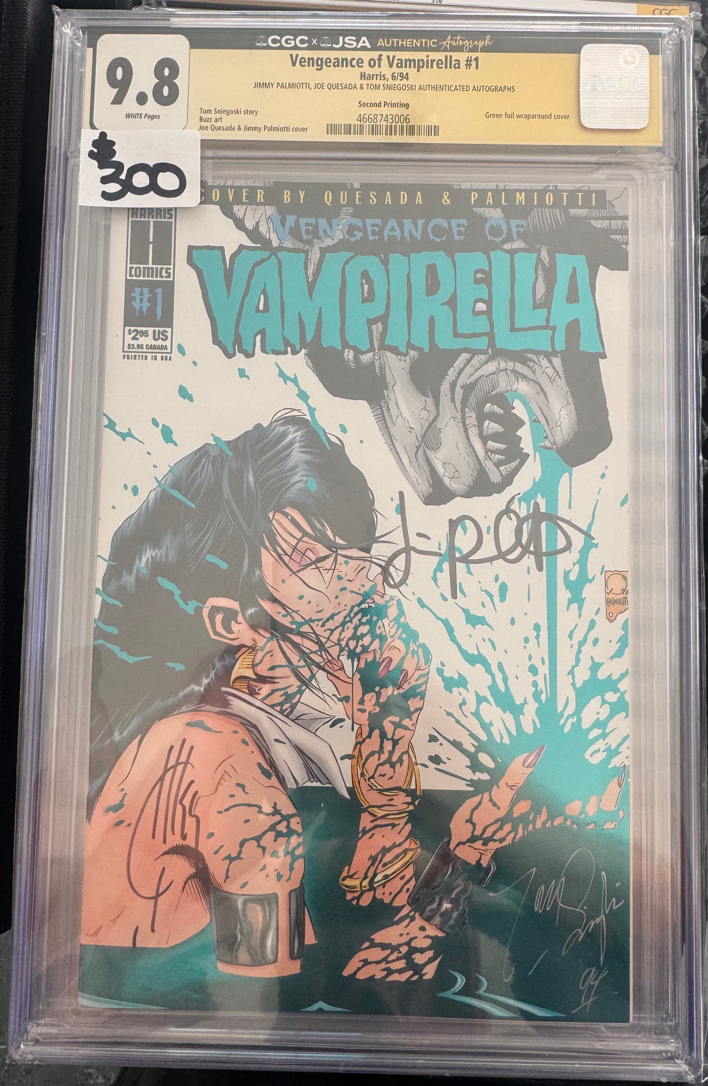 Vengeance of Vampirella #1 CGC X JSA 9.8 (Harris, 1994) Second Print Green Foil Signed by Tom Sniegoski, Jimmy Palmiotti & Joe Quesada