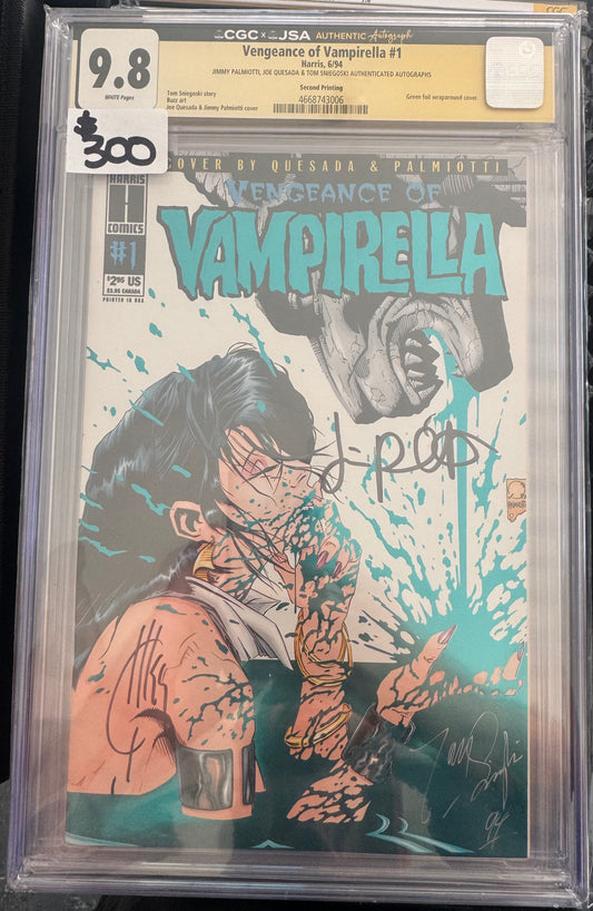 Vengeance of Vampirella #1 CGC X JSA 9.8 (Harris, 1994) Second Print Green Foil Signed by Tom Sniegoski, Jimmy Palmiotti & Joe Quesada