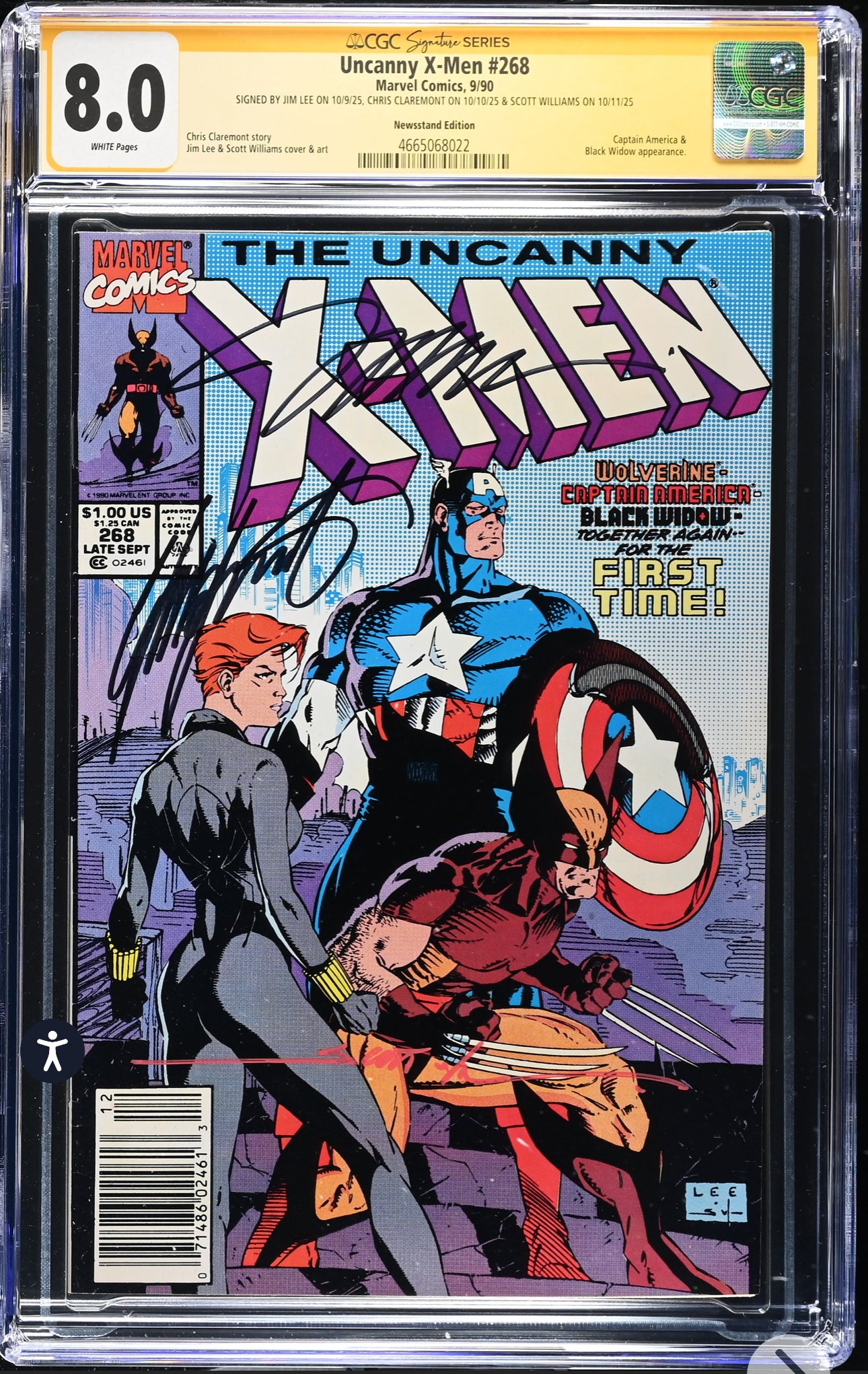 Uncanny X-Men #268 CGC SS 8.0 (Marvel, 1990) Newsstand Edition Signed By Jim Lee, Chris Claremont, Scott Williams