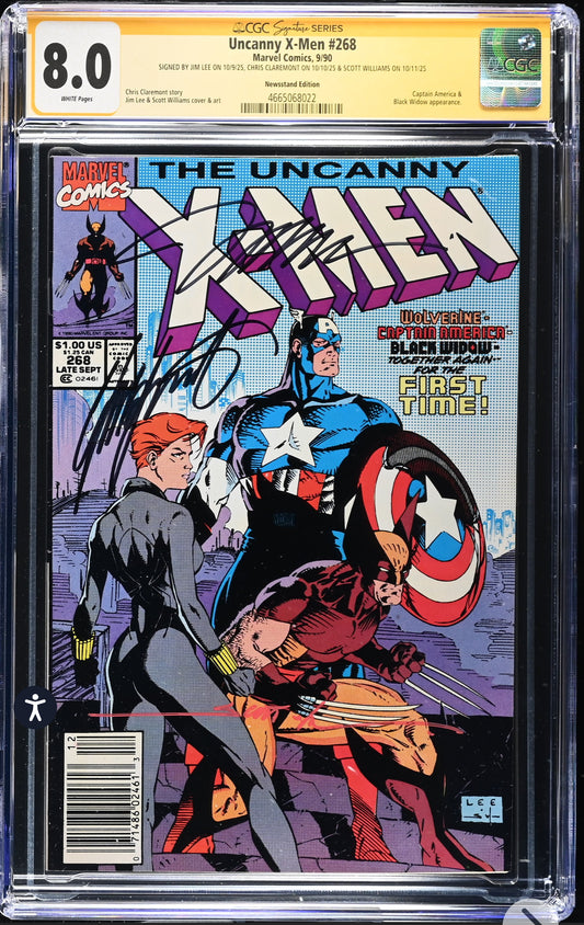 Uncanny X-Men #268 CGC SS 8.0 (Marvel, 1990) Newsstand Edition Signed By Jim Lee, Chris Claremont, Scott Williams