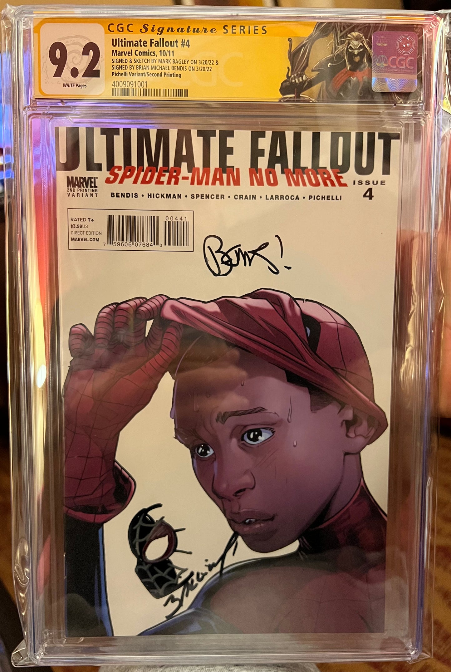 Ultimate Fallout #4 CGC SS 9.2 (Pichelli Variant/Second Printing) Signed/Sketched by Mark Bagley, Signed by Brian Michael Bendis