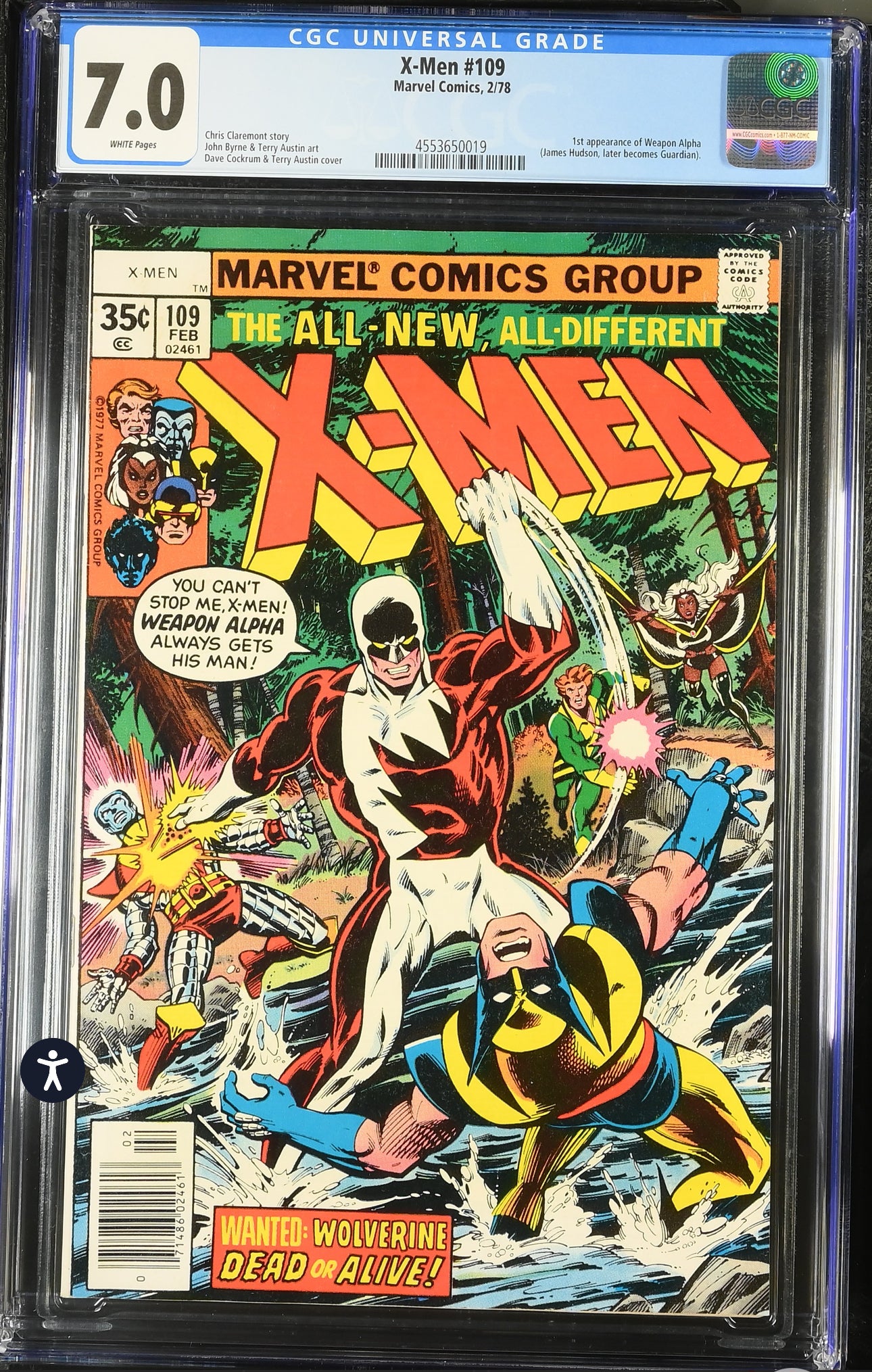 Uncanny X-Men #109 CGC 7.0 (Marvel, 1978) 1st Appearance of Weapon Alpha, James Hudson who becomes Guardian