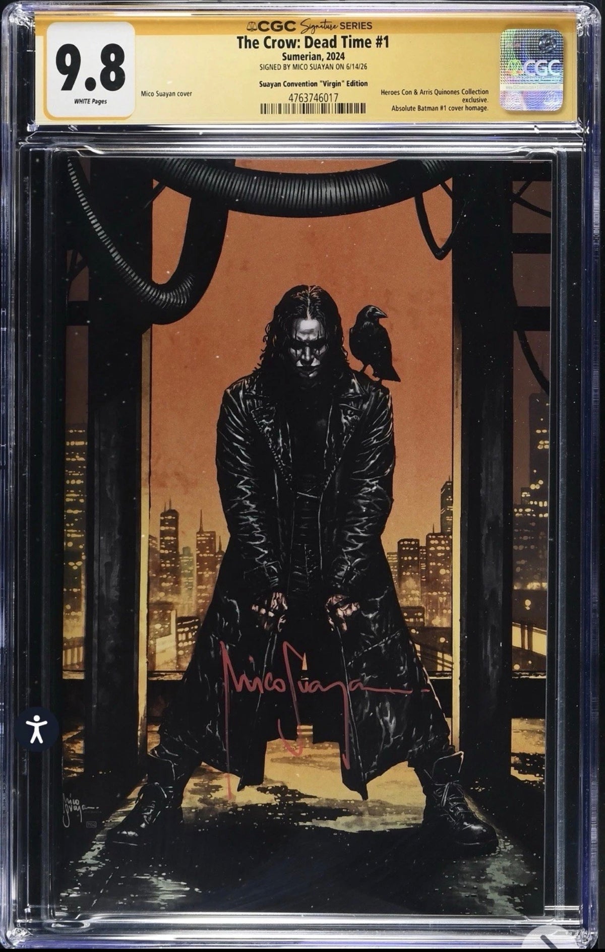 THE CROW: DEAD TIME #1 CGC SS 9.8 Signed By Mico Suayan (Convention Virgin, 2024, Sumerian)