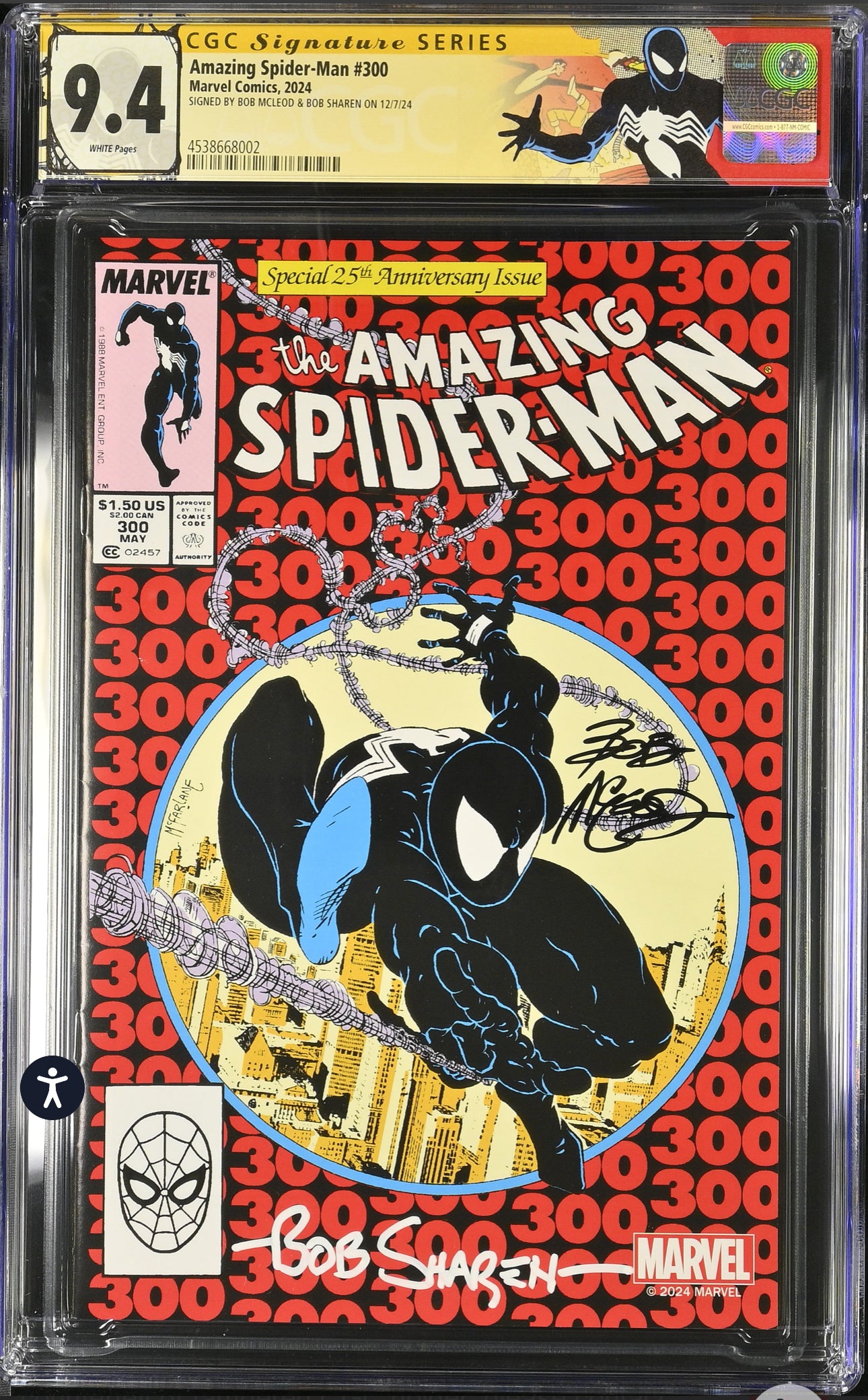 AMAZING SPIDER-MAN #300 CGC SS 9.4 With Custom Label Signed Bob Sharen & Bob McLeod (McFarlane Toys 2024 reprint of ASM #299 with a ASM #300 cover)