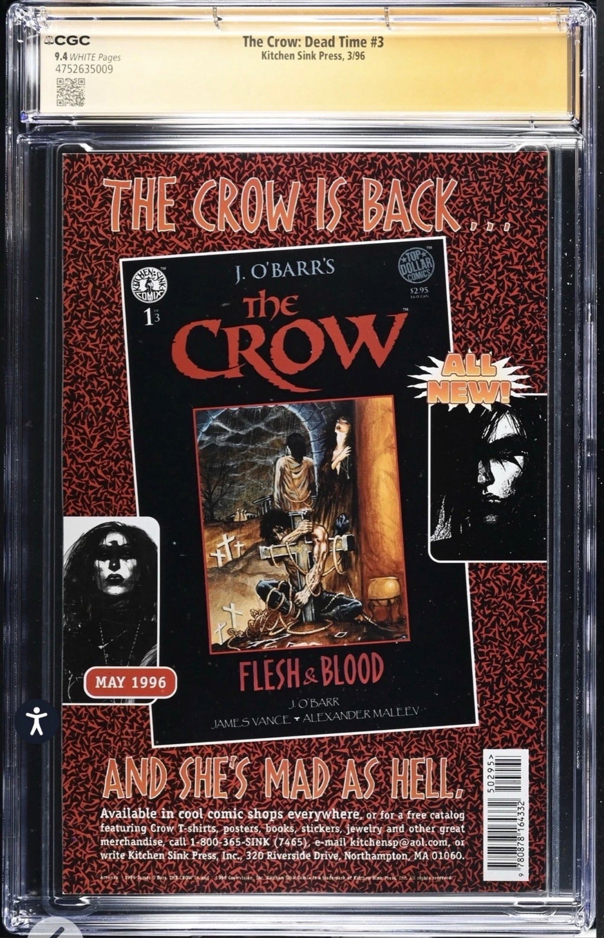 The Crow: Dead Time #3 CGC SS 9.4 Signed By James O’Barr (Kitchen Sink, 1996)