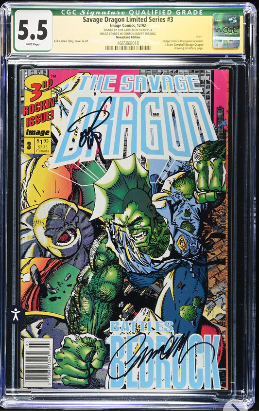 Savage Dragon #3 CGC SS 7.0 (Image, Limited Series, 1992) Signed by Erik Larsen & J. Scott Campbell Twice