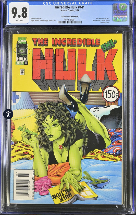 Incredible Hulk #441 CGC 9.8 (Marvel, 1996) $1.50 Newsstand Edition Pulp Fiction Homage w/She-Hulk on Cover