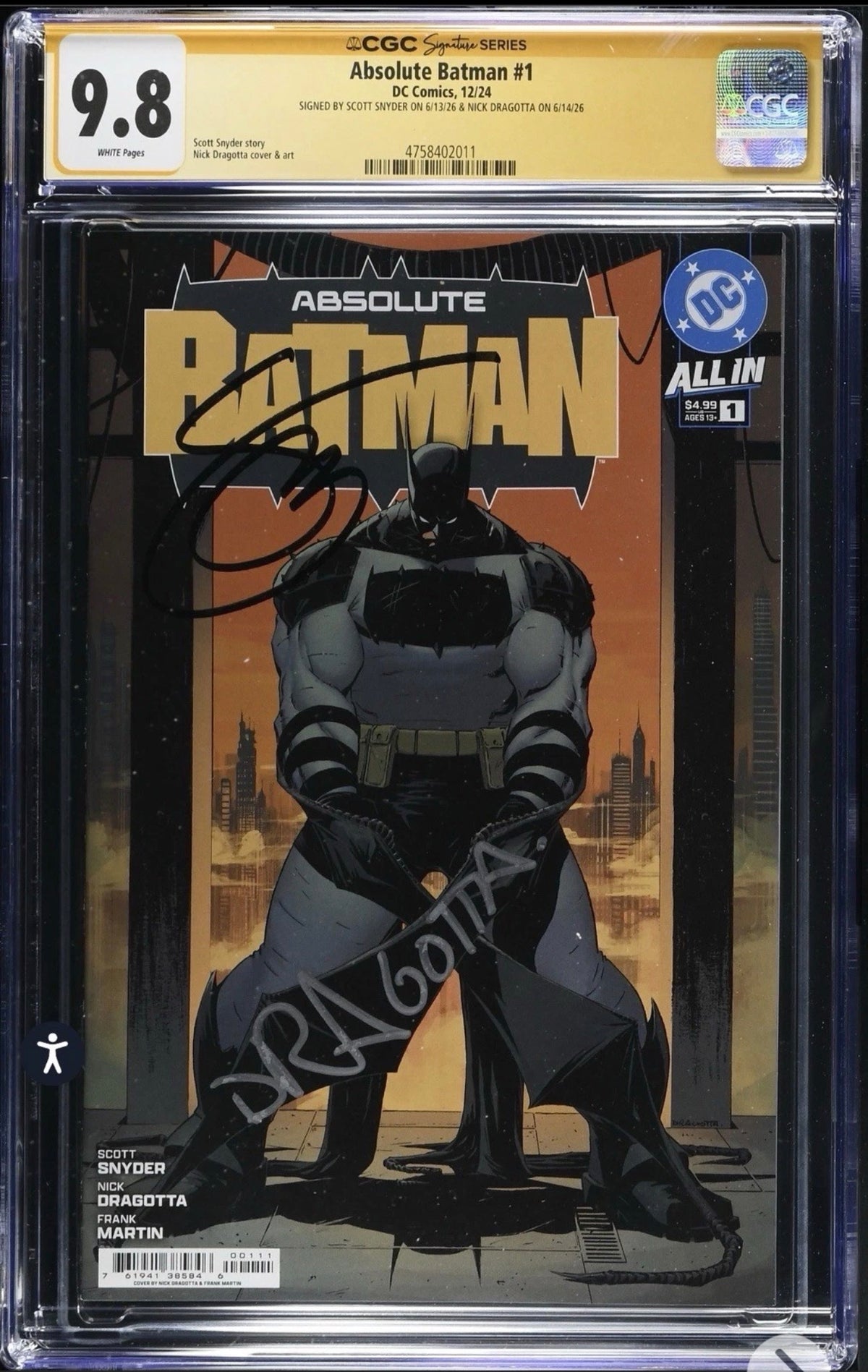 Absolute Batman #1 CGC SS 9.8 Signed By Nick Dragotta & Scott Snyder (1st Print Cover A) DC, 2024