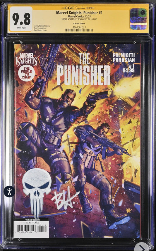 MARVEL KNIGHTS: PUNISHER #1 CGC SS 9.8 (Marvel, 2025) Signed & Sketch By Ben Harvey