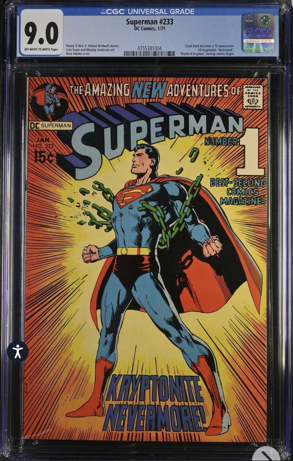 Superman #233 CGC 9.0 (DC, 1967 Silver Age) Classic Neal Adam’s Cover (New Case)