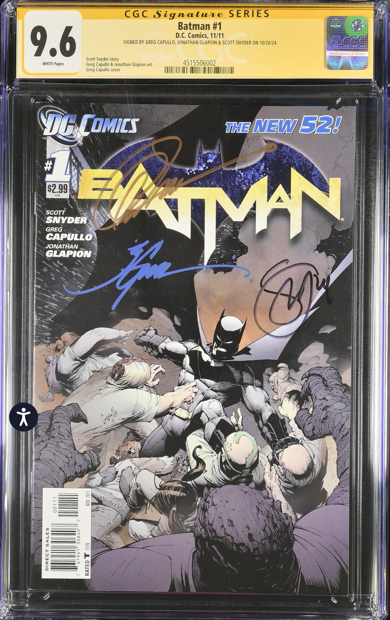 Batman (DC, 2011 2nd Series) #1 CGC SS 9.6 Signed by Greg Capullo, Scott Snyder & Jonathan Glapion