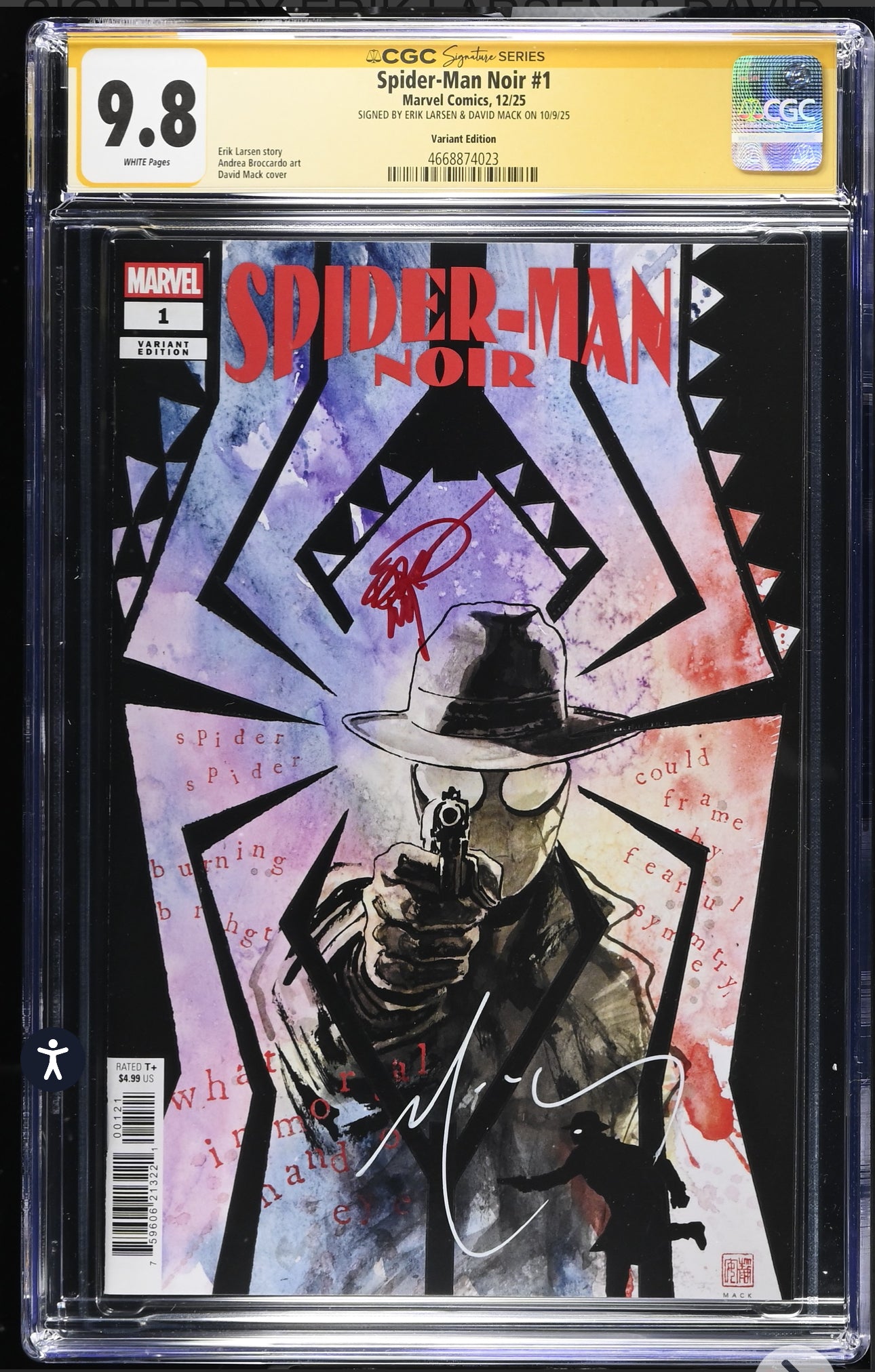 Spider-Man Noir #1 CGC SS 9.8 Signed By Erik Larsen & David Mack (Mack Variant) Marvel 2025