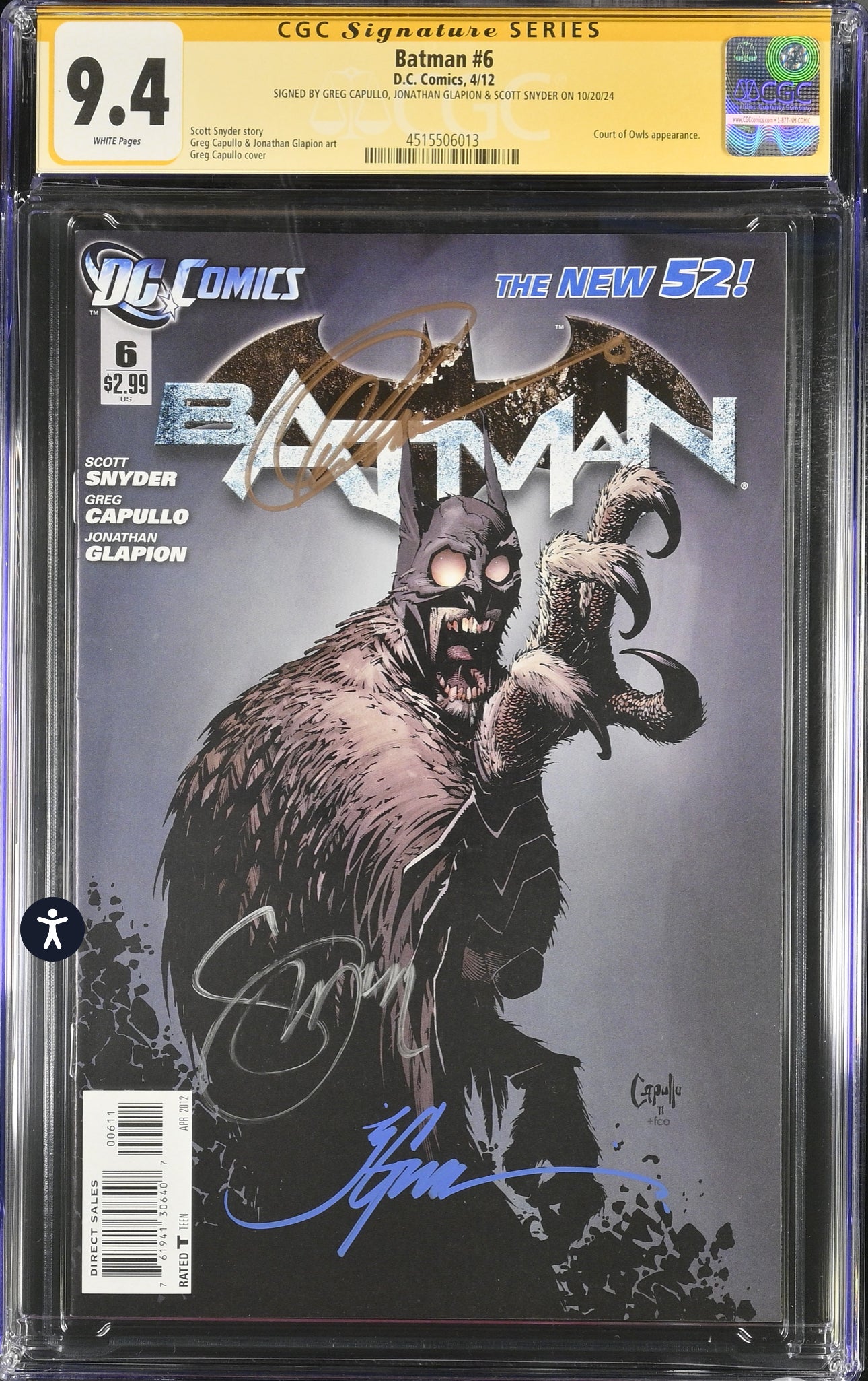 Batman (DC, 2011 2nd Series) #6 CGC SS 9.4 Signed by Greg Capullo, Scott Snyder & Jonathan Glapion (1st Court of Owls)