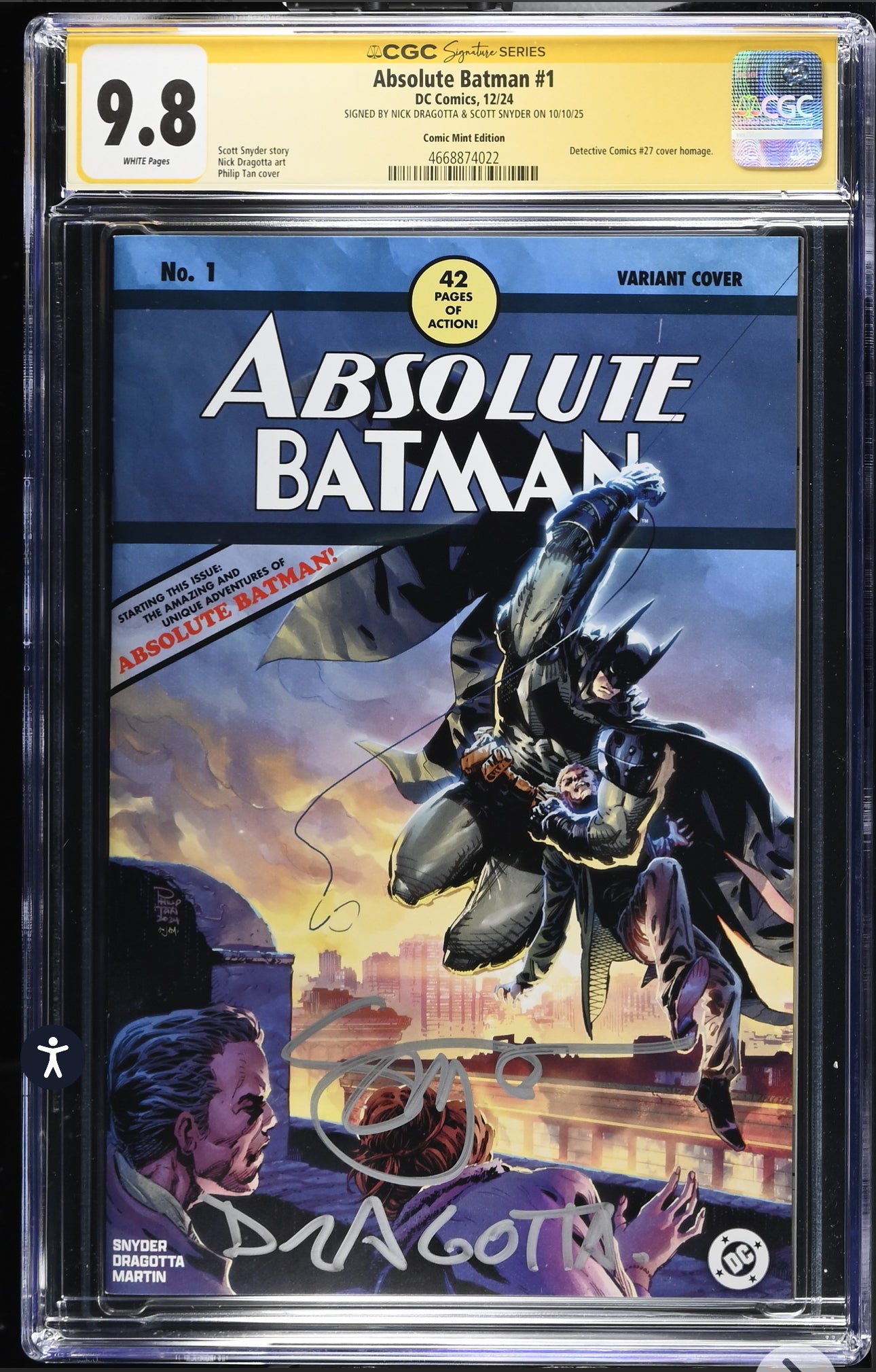 ABSOLUTE BATMAN #1 CGC SS 9.8 (DC, 2024) Phillip Tan Variant Signed by Scott Snyder & Nick Dragotta