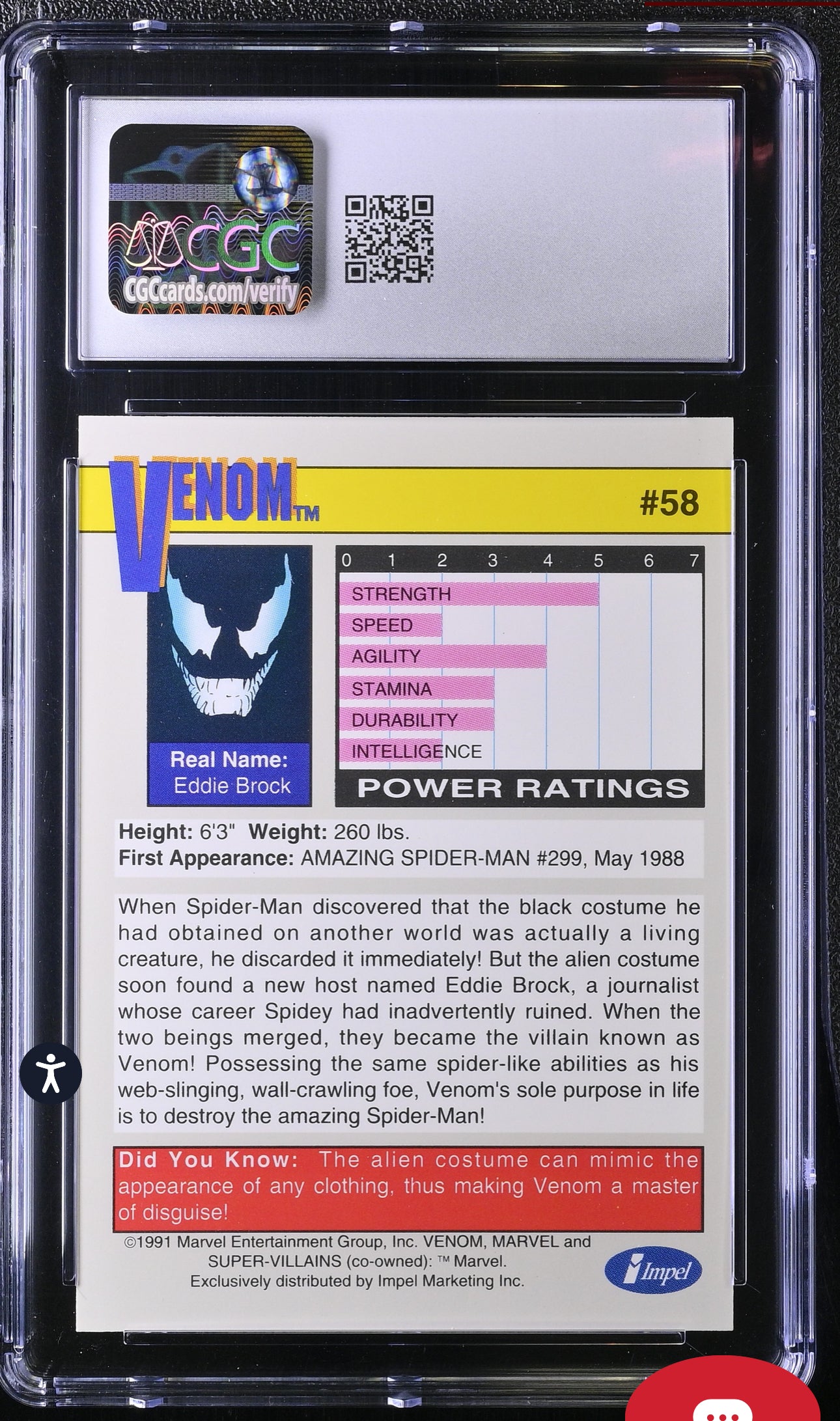 Venom CGC 9 (Mint) Marvel Universe Series II 1990 Impel #58 CGC CARDS
