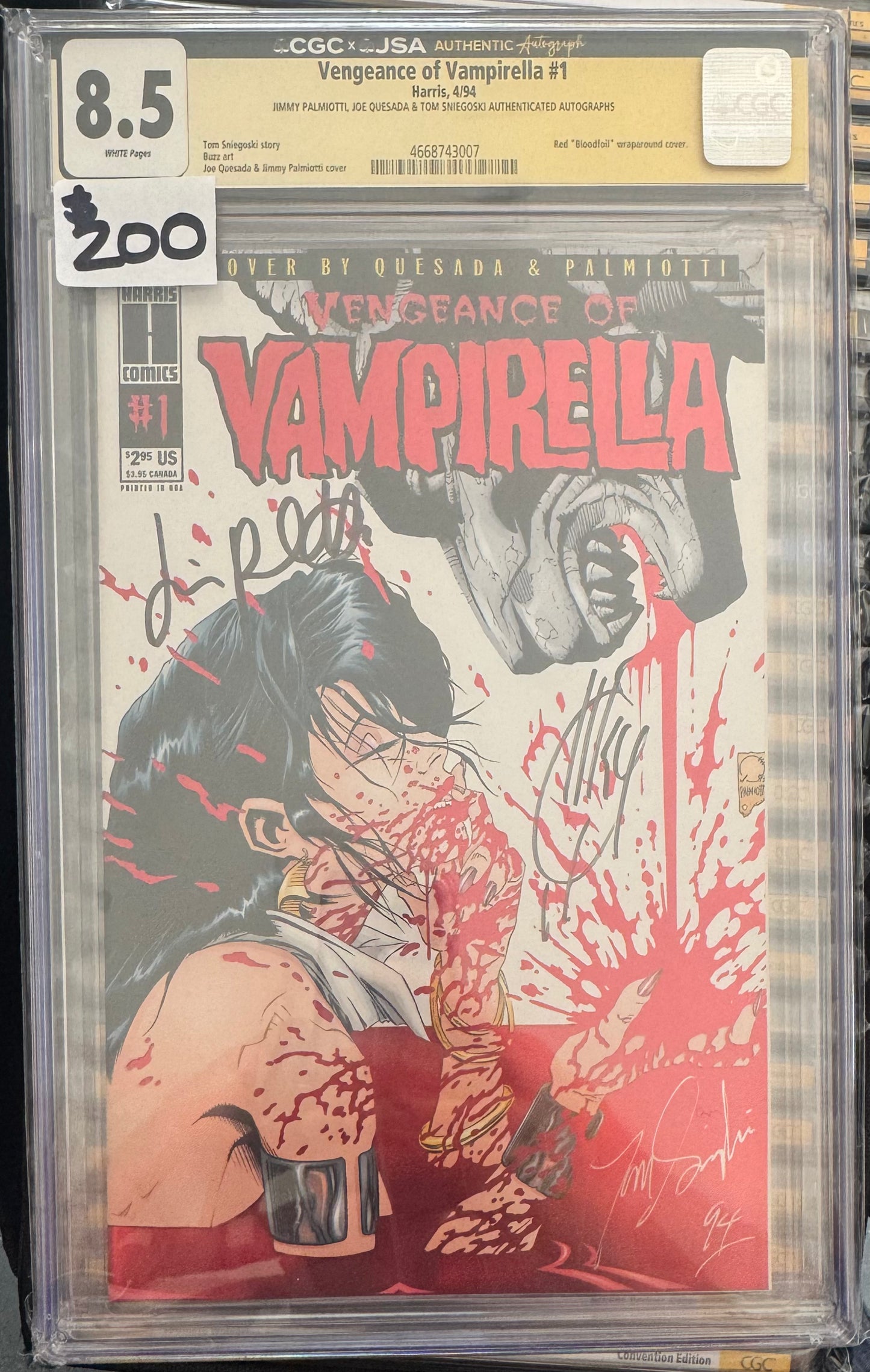 Vengeance of Vampirella #1 CGC X JSA 8.5 (Harris, 1994, Red “Bloodfoil” 1st Print) Signed by Tom Sniegoski, Jimmy Palmiotti & Joe Quesada