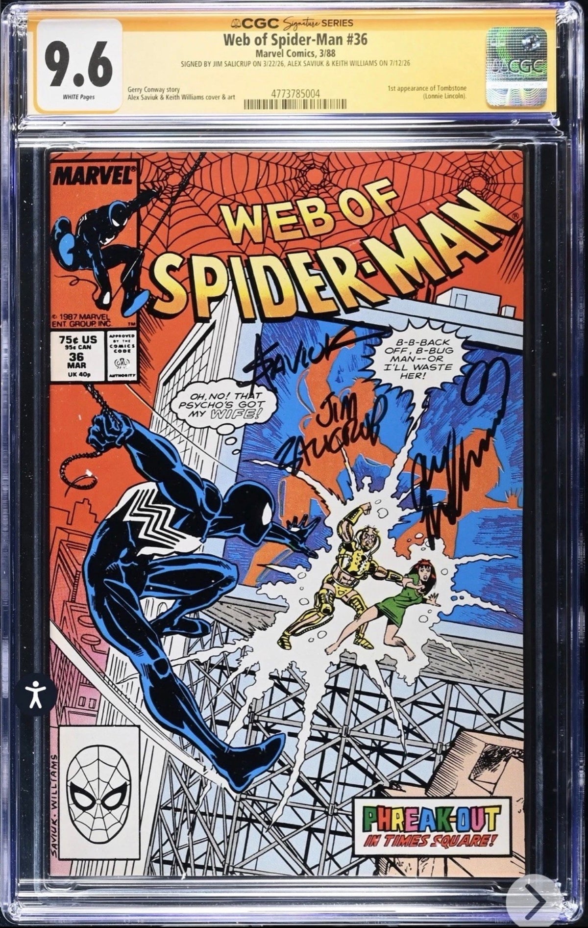 Web Of Spider-Man #36 CGC SS 9.6 3x Signed By Jim Salicrup, Keith Williams, Alex Saviuk (Marvel, 1988)