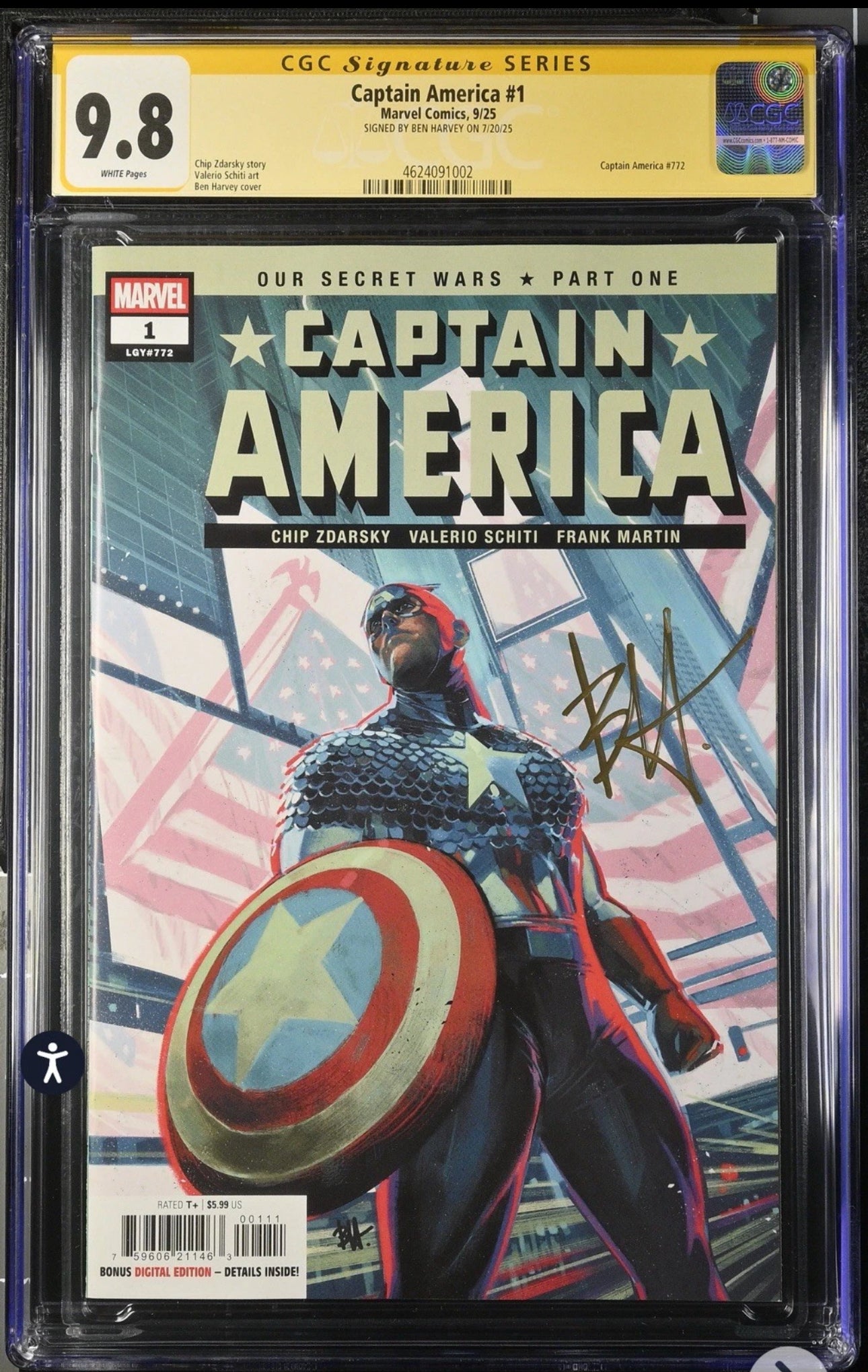 Captain America #1 CGC SS 9.8 (Marvel, 2025) Signed by Be. Harvey