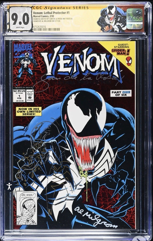 Venom Lethal Protector #1 CGC SS 9.0 Signed/Sketch By Sam De La Rosa; Signed by Al Milgrom (Marvel, 1993) With Custom Label