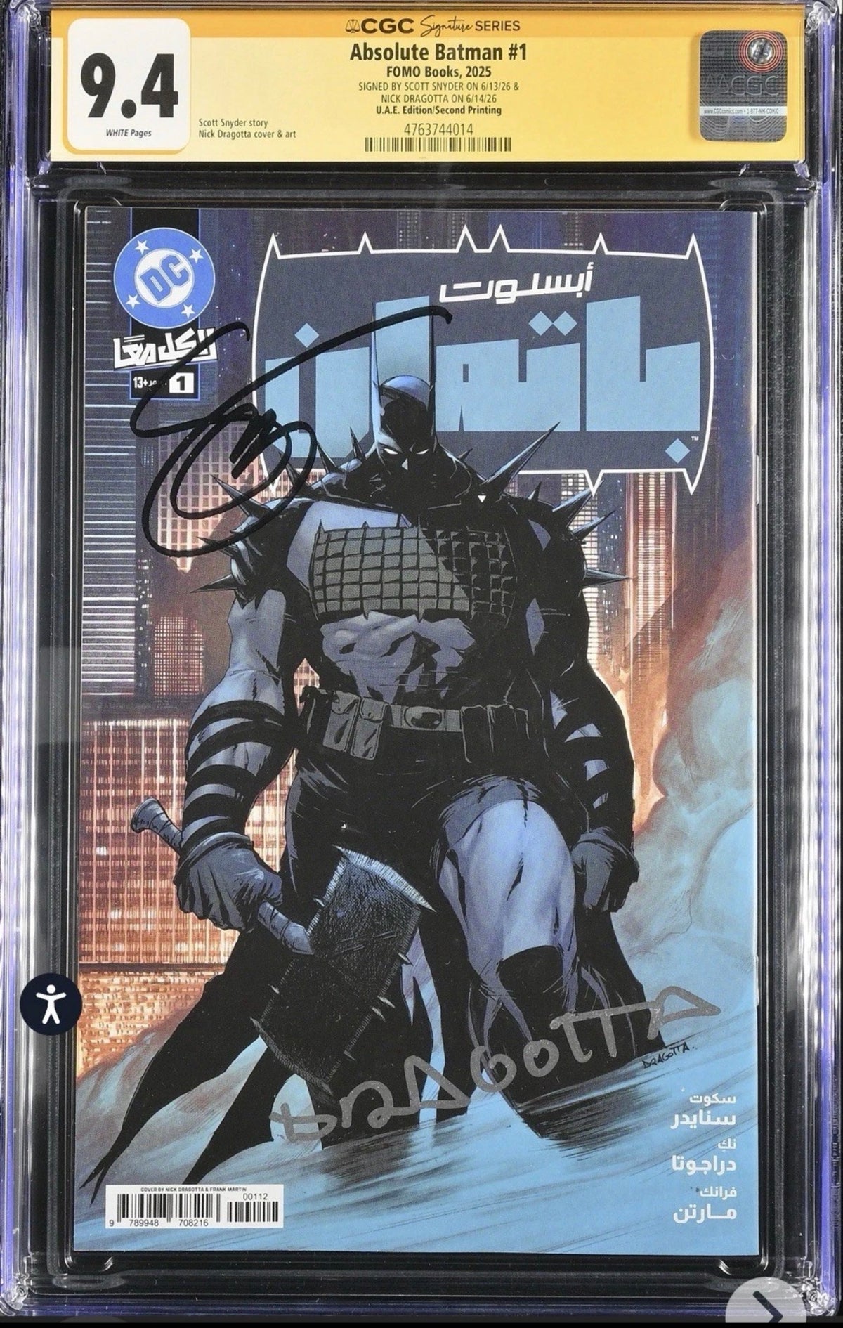 ABSOLUTE BATMAN #1 CGC SS 9.4 Signed by Scott SNYDER & Nick DRAGOTTA (FOMO book, 2025, UAE 2nd Printing)