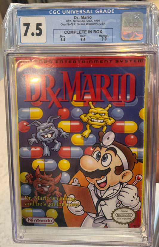 Dr. Mario CGC 7.5 (NES, 1990) Box Grade 5.5, Cartridge Grade 9.4, Manual Grade 9.0