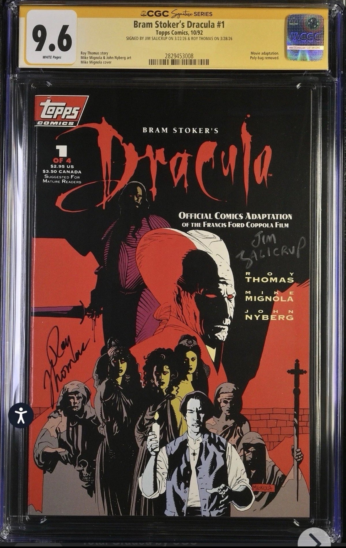 BRAM STOKER’S DRACULA #1 CGC SS 9.6 Signed By Roy Thomas & Jim Salicrup (Topps, 1992)