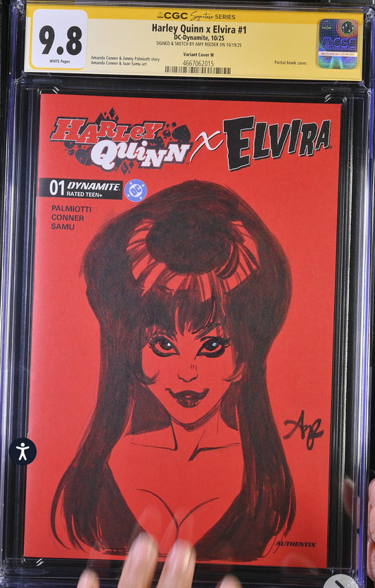 Harley Quinn X Elvira #1 CGC SS 9.8 Signed And Full Sketch By Amy Reeder (DC, Dynamite 2025)