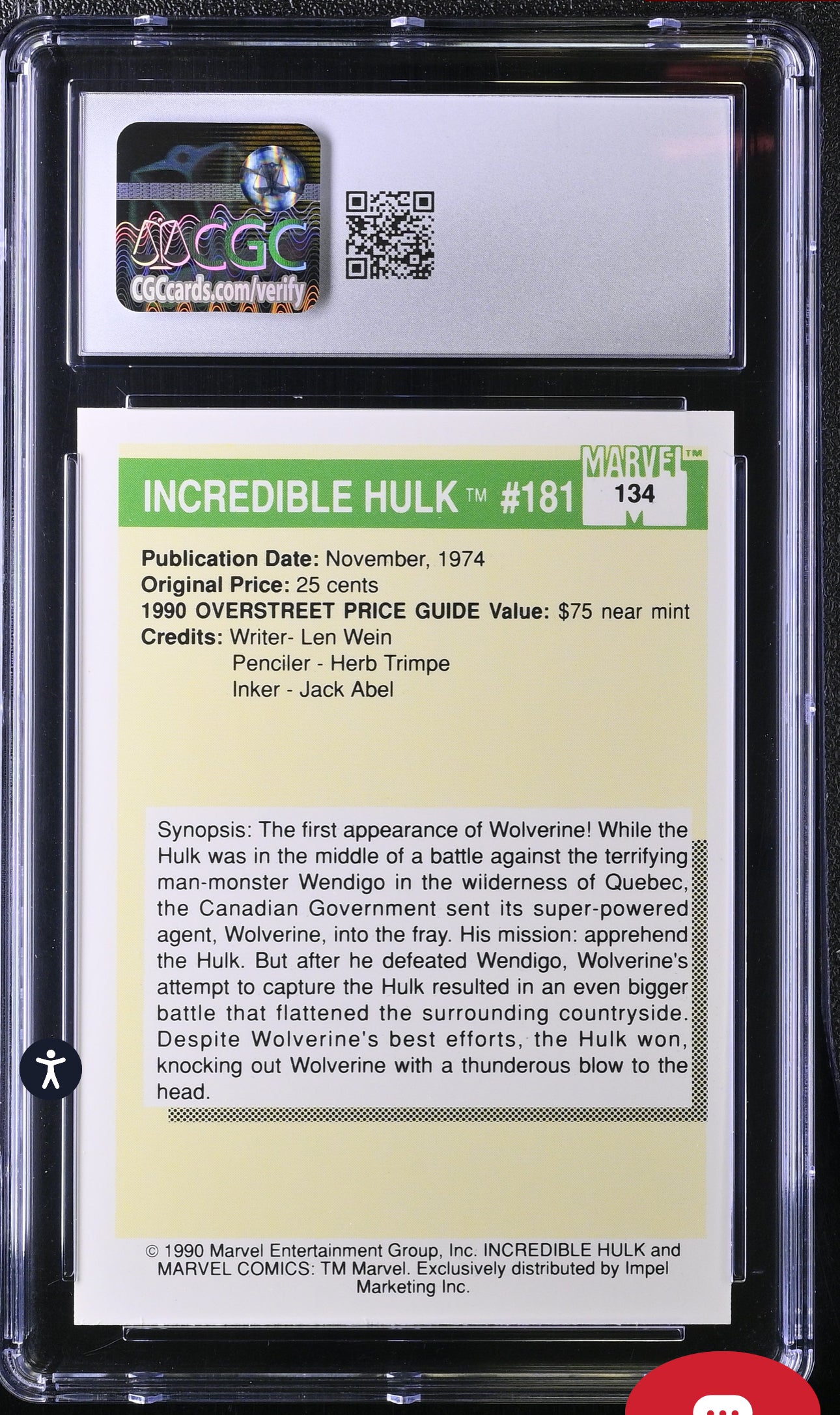 Incredible Hulk #181 CGC 8.5 (NM/Mint) Marvel Universe Series I 1990 Impel #134 Most Valuable Comics CGC CARDS