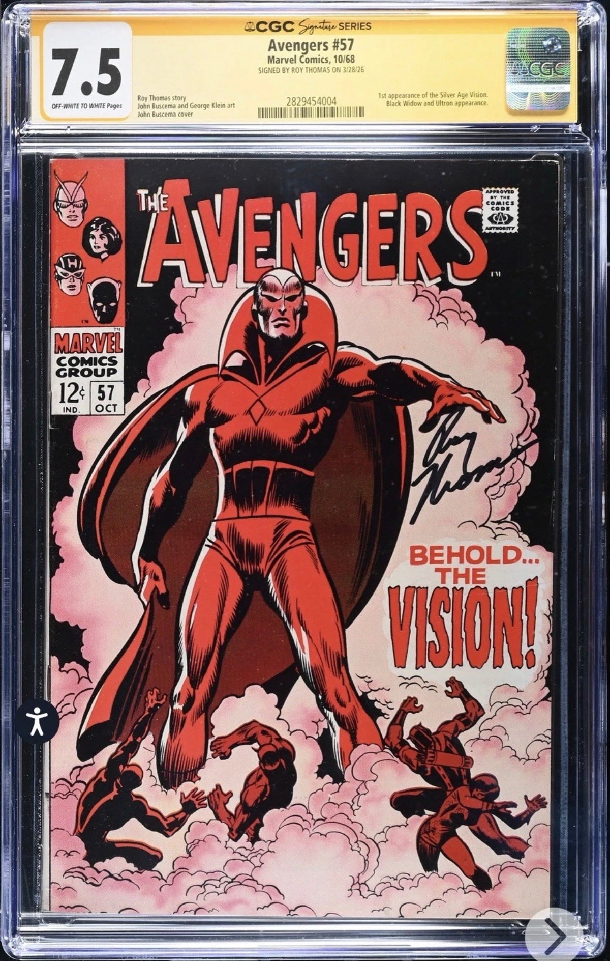 Avengers #57 CGC SS 7.5 Signed By Roy Thomas (1st App Of Vision) Marvel, 1968