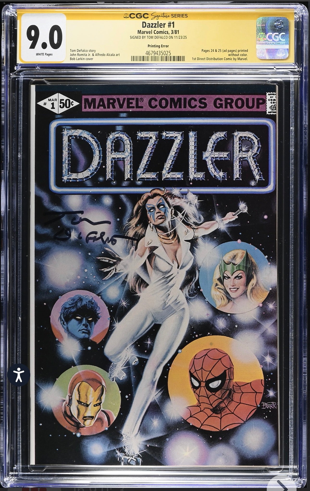 Dazzler #1 CGC SS 9.0 (Marvel, 1981) Signed By Tom Defalco (Printing Error)