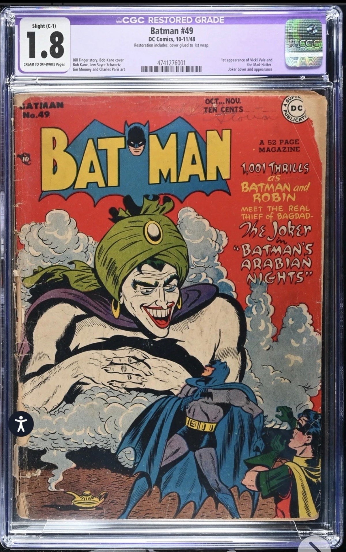 Batman #49 CGC Restored 1.8 (1st app. Mad Hatter, Vicki Vale, DC, 1948)