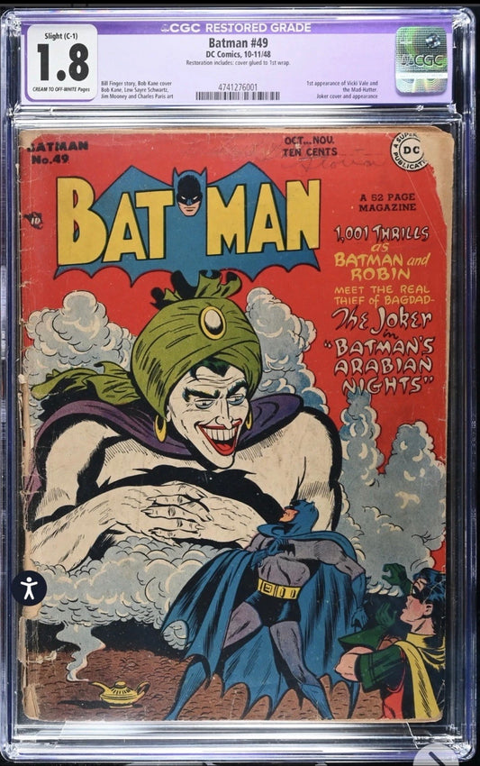 Batman #49 CGC Restored 1.8 (1st app. Mad Hatter, Vicki Vale, DC, 1948)