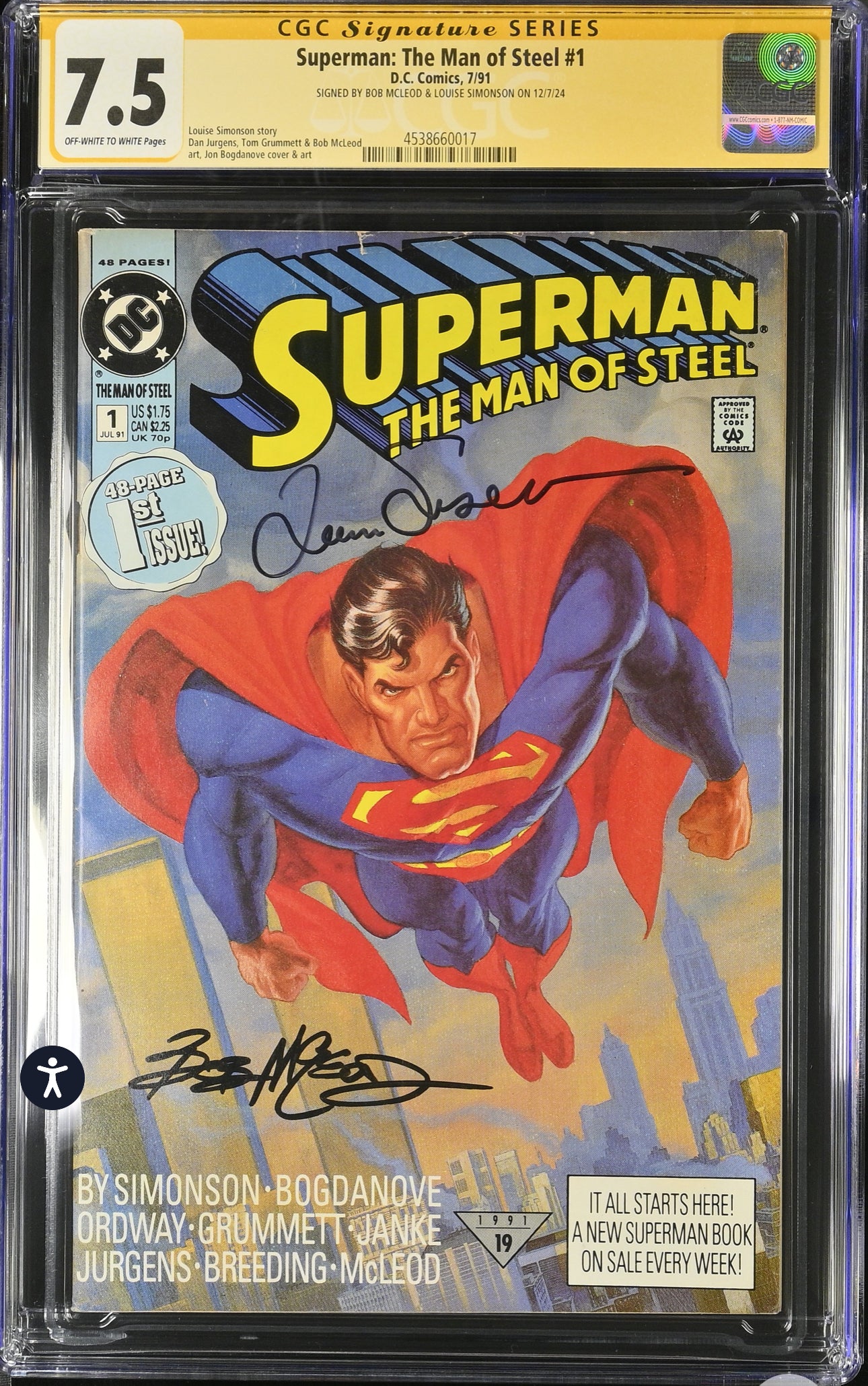 Superman: Man of Steel #1 CGC SS 7.5 (DC, 1991) signed by Louise Simonson & Bob McLeod