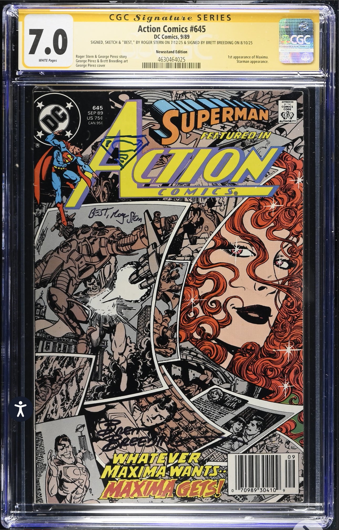 Action Comics #645 CGC SS 7.0 (DC, 1989) Signed By Roger Stern & Brett Breeding 1st App of Maxima
