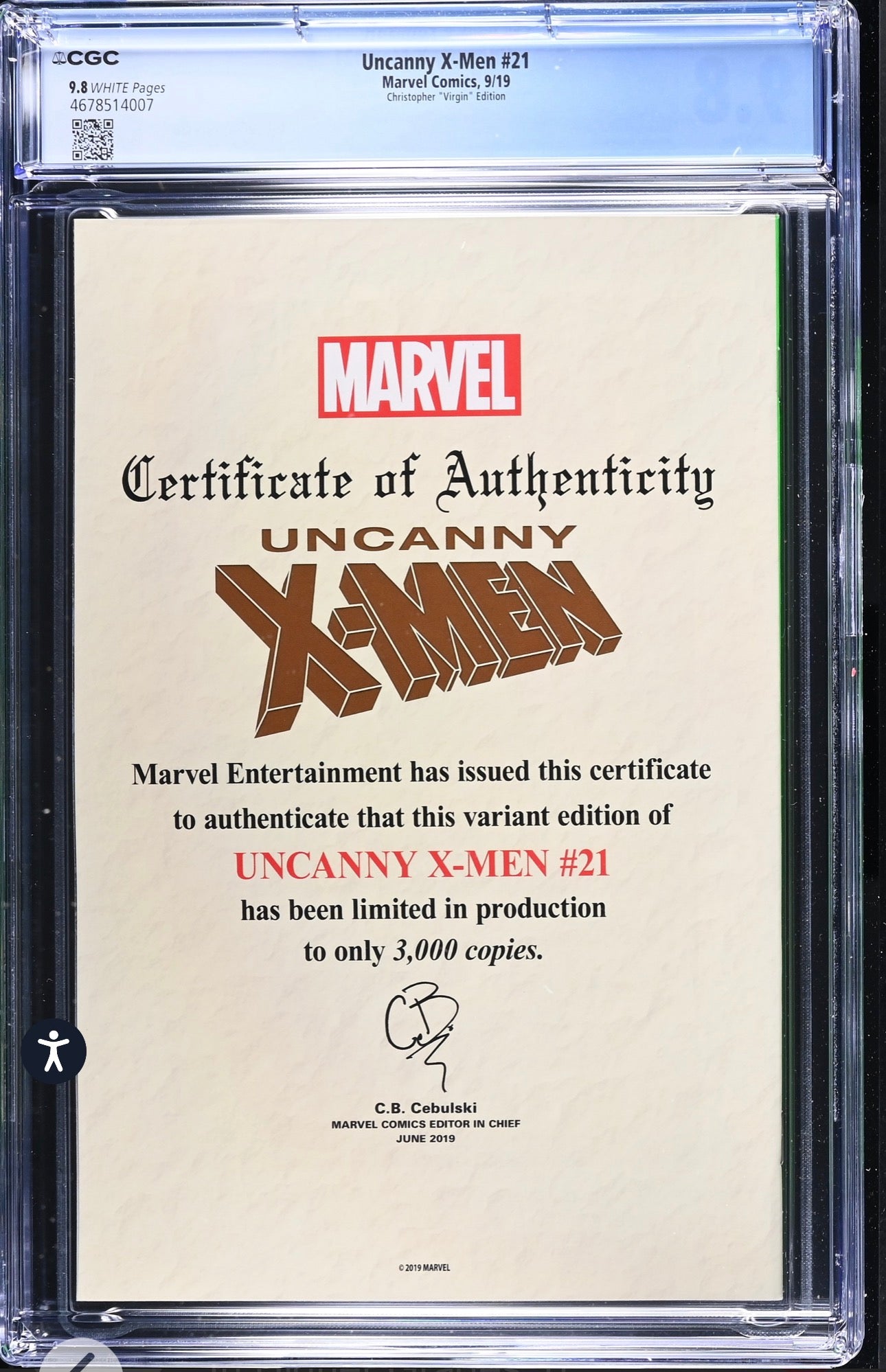 Uncanny X-Men #21 CGC 9.8 (Marvel, 2019) John Tyler Christopher Virgin Variant 2,912/3,000