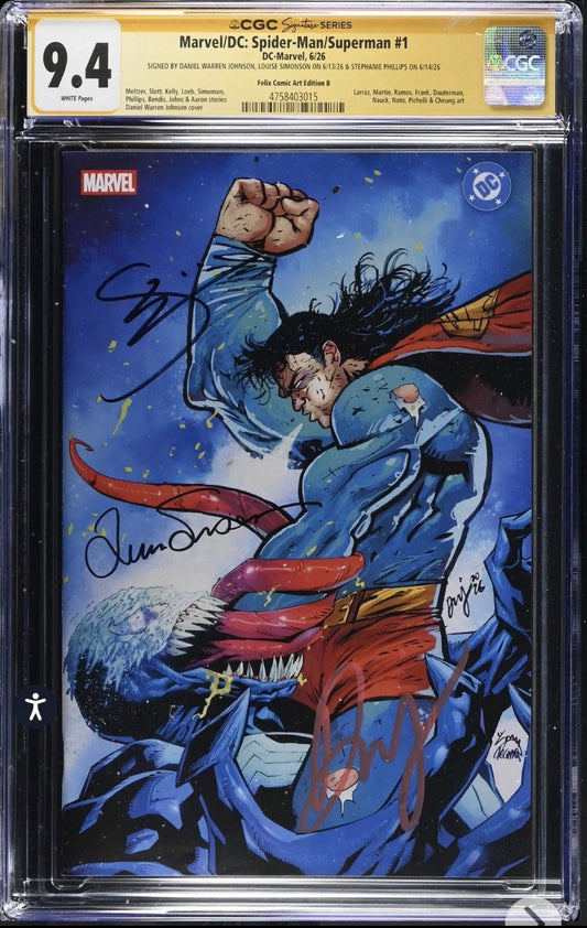Marvel/DC: SPIDERMAN/SUPERMAN #1 CGC SS 9.4 Signed By Daniel Warren Johnson, Stephanie Phillips & Louise Simonson (2026)