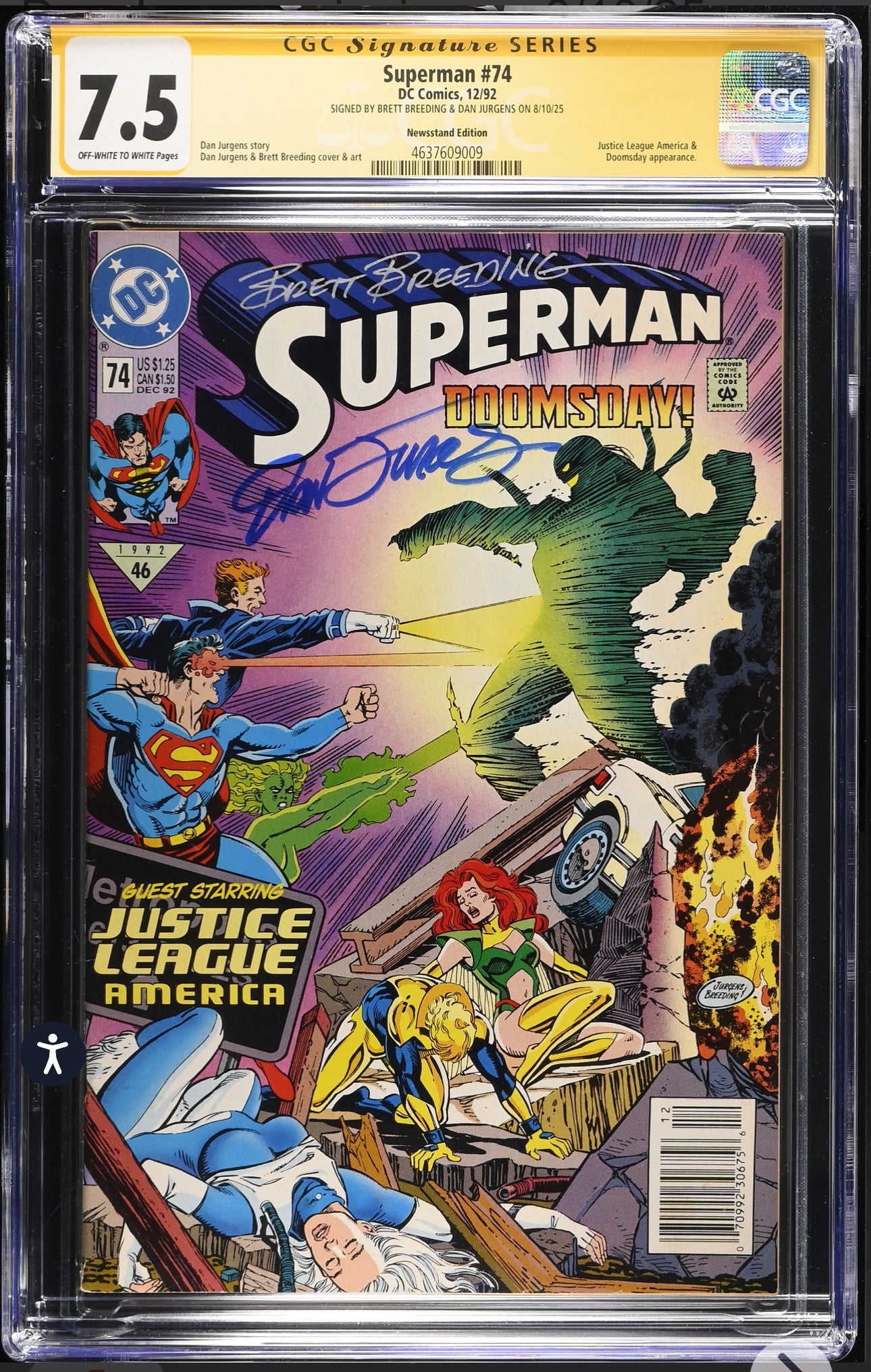 Superman #74 CGC SS 7.5 (DC, 1992) Newsstand Doomsday