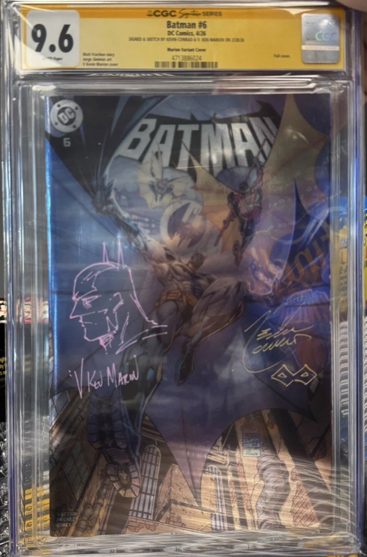 Batman #6 CGC SS 9.6 (DC, 2026) Foil Variant Signed & Sketched By V Ken Marion & Kevin Conrad (Convention Foil Variant)