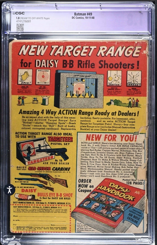 Batman #49 CGC Restored 1.8 (1st app. Mad Hatter, Vicki Vale, DC, 1948)