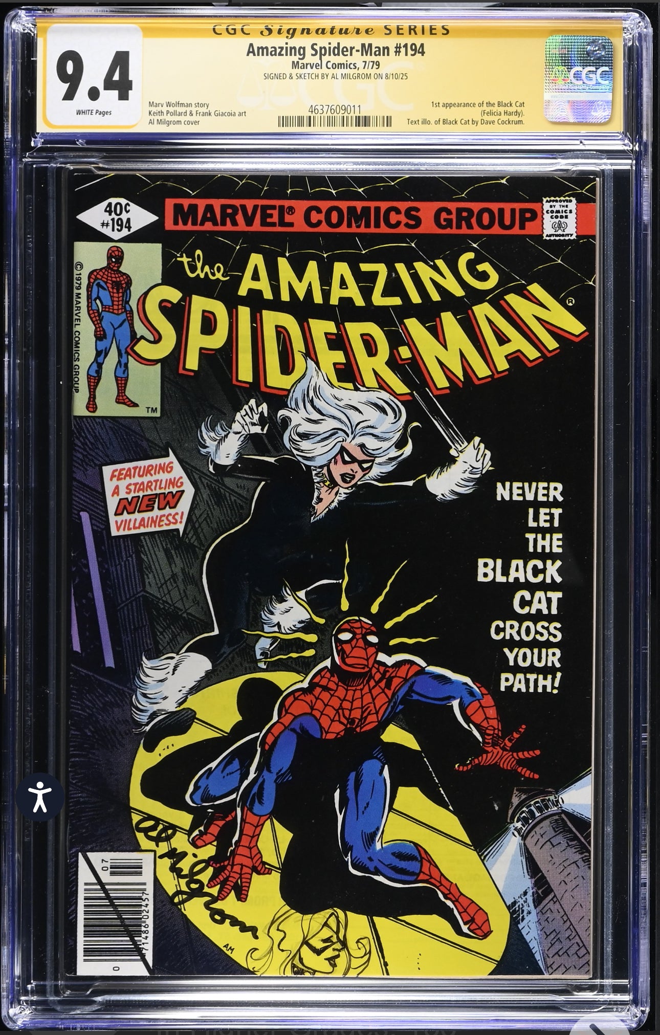 Amazing Spider-Man #194 CGC SS 9.4 (Marvel, 1979) Signed & Sketch by Al Milgrom First Black Cat