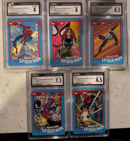 Spider-Man, Amazing Spider-Man: 1962 30th Anniversary (1992, Marvel) Impel Promo Card Set SM1-SM5 CGC Graded