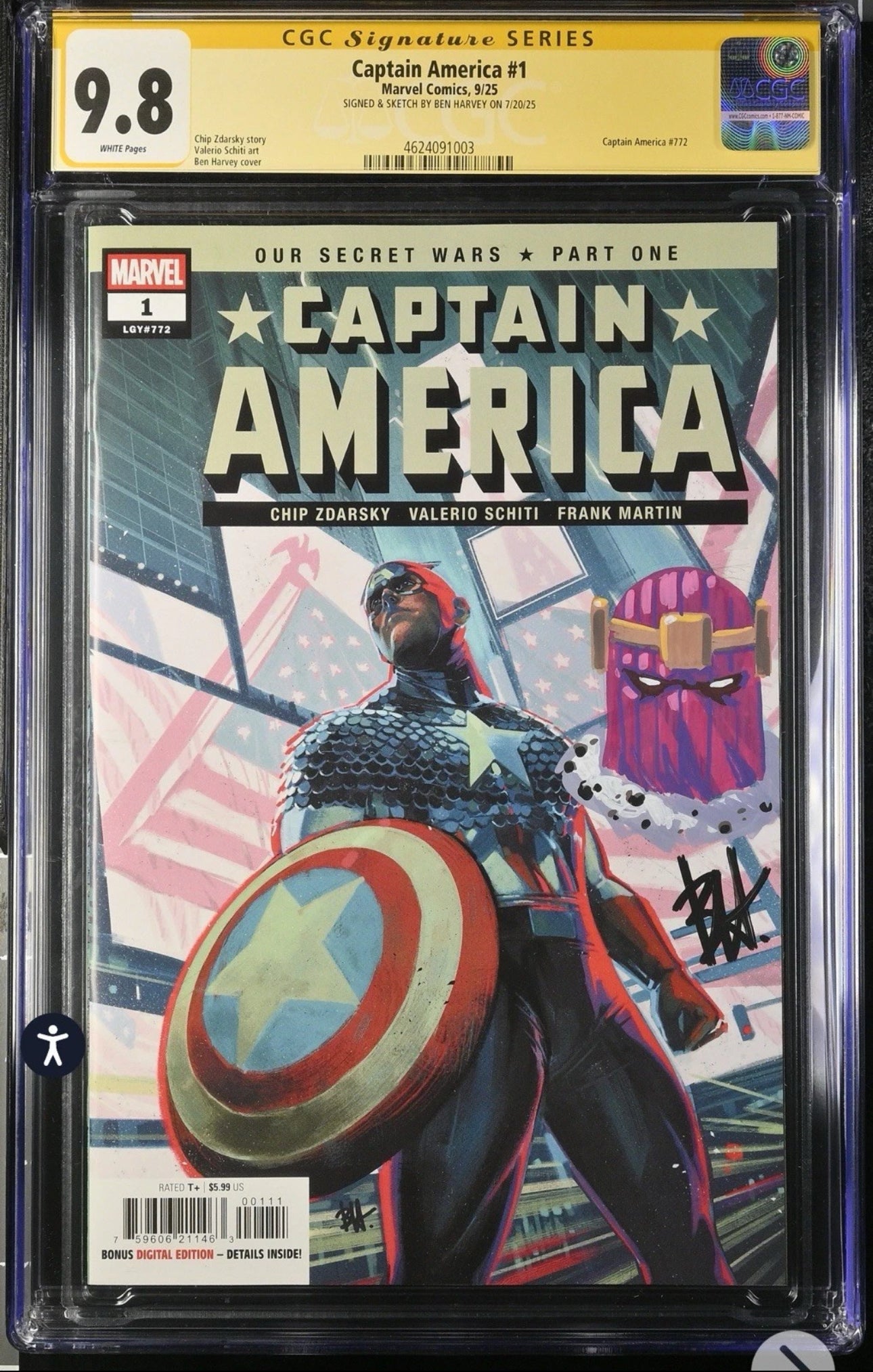 Captain America #1 CGC SS 9.8 (Marvel, 2025) Signed & Sketched by Ben Harvey