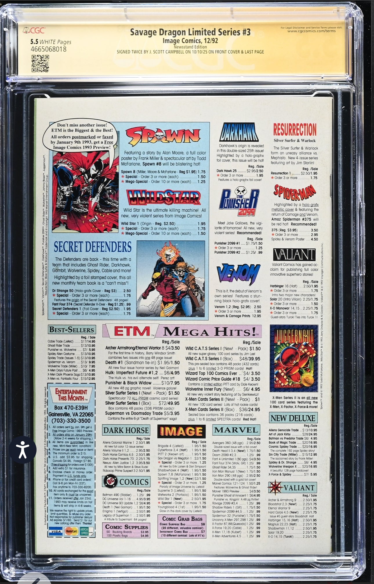 Savage Dragon #3 CGC SS 7.0 (Image, Limited Series, 1992) Signed by Erik Larsen & J. Scott Campbell Twice